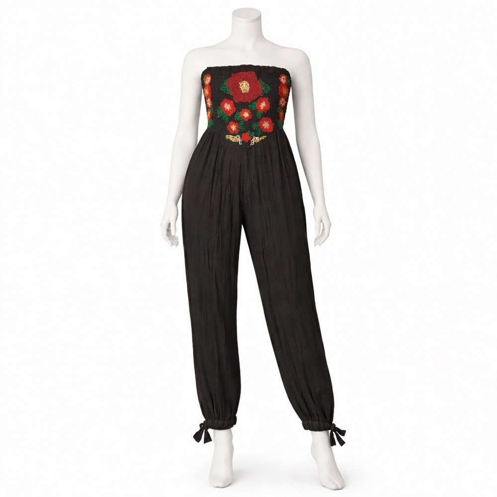 Free‎ People Karan Strapless Smocked Jumpsuit Small Embroidered Black Harem